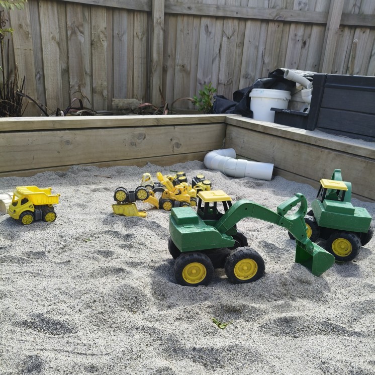 House of Wonder Forest Lake Sandpit with dump trucks and digger toys for development